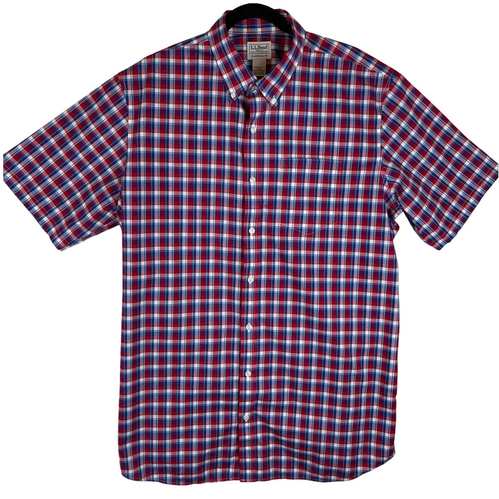 LL Bean Mens Large Tall‎ Plaid Button Down Shirt Red White Blue Cotton 502820